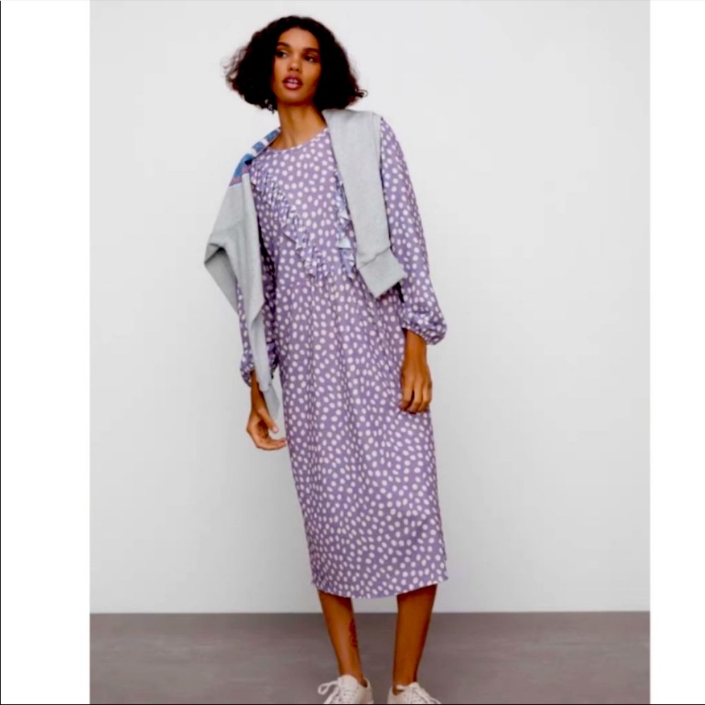 Zara Purple Polka Dot Ruffle Midi Dress